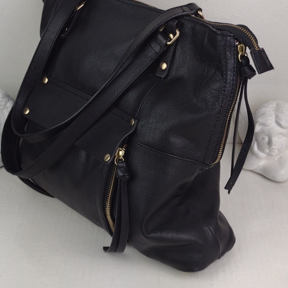 Classic Black Very Soft Leather Like Multi Tasseled Gold Tone HardwareTote Bag - Picture 4 of 14